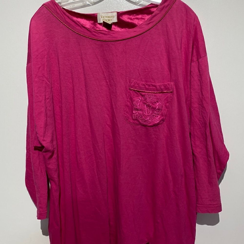 Victoria's Secret Women's Pink Embroidered Pocket 3/4 Sleeve Night Shirt Sz M/L